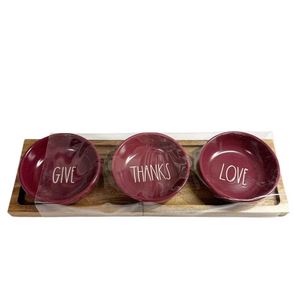 NEW Rae Dunn GIVE, THANKS & LOVE TIDBIT Bowl Set With Wooden Tray